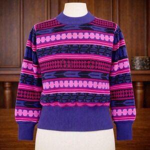 Vtg Wms Serec Geometric Knit Wool Blend Ski Sweater Purple Pink Wide Ribbed Hem